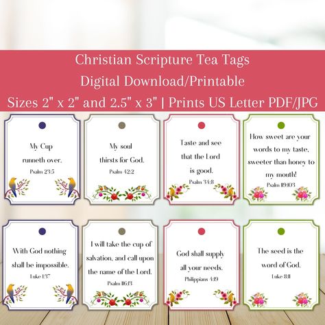 This Tags item by TinaJoyDesign has 63 favorites from Etsy shoppers. Ships from United States. Listed on Nov 12, 2023 Scripture Tea Tags, Scripture Tea, Tea Tag, Women's Retreat, Tea Decor, Scripture Gift, Tea Party Favors, Beautiful Scripture, Womens Retreat