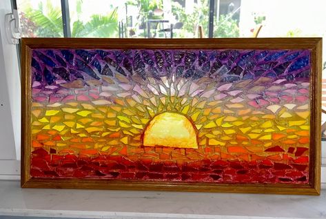 Glass On Glass Mosaic, Glass Art Mosaic, Sunset Window, Transom Window, Window Crafts, Tall Windows, Art Mosaic, Transom Windows, Stained Glass Window