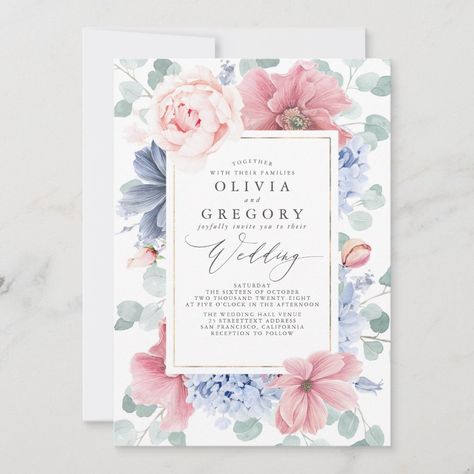 Dusty Rose and Dusty Blue Flowers Elegant Wedding Invitation Dusty Blue Flowers, Elegant Birthday Invitations, Boho Baby Shower Invitations, Dusty Rose Wedding, Rose Wedding Invitations, Elegant Bridal Shower, Floral Baby Shower Invitations, Floral Bridal Shower Invitations, Wedding Plan