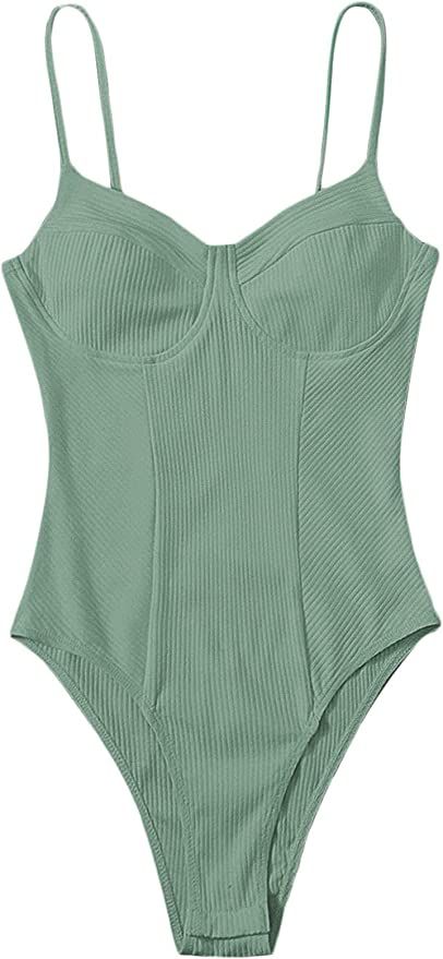 Amazon.com: Milumia Women's Spaghetti Strap Ribbed Knit Sleeveless Backless Bustier Bodysuit Top Green Small : Clothing, Shoes & Jewelry Shein Bodysuit, Spagetti Strap, Bustier Bodysuit, Strap Bodysuit, Backless Bodysuit, Cami Bodysuit, Top Clothing, Bodysuit Top, Shein Tops