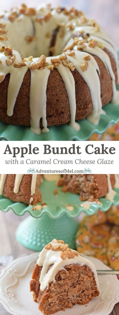 Apple Bundt Cake, a delicious recipe with apples, cinnamon, walnuts, and a caramel cream cheese glaze. Makes a scrumptious fall and holiday dessert! Cider Donut Cake, Christmas Bundt Cake, Cream Cheese Bundt Cake, Apple Cream Cheese, Dessert Christmas, Apple Bundt Cake, Apples Cinnamon, Donut Cake, Caramel Cream