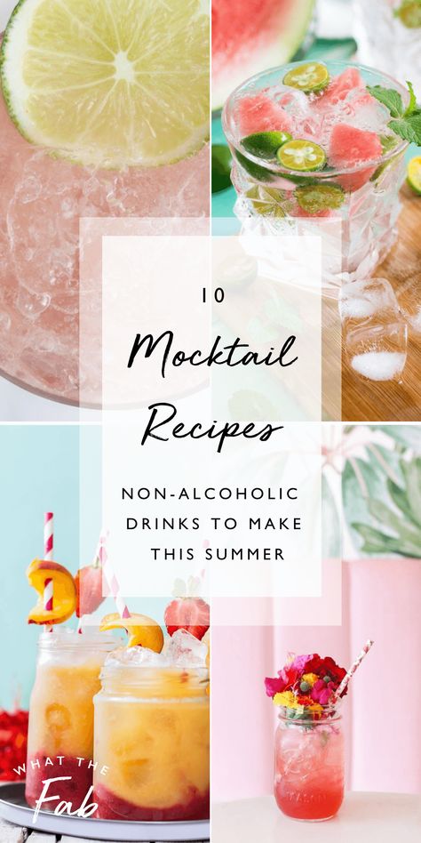 I’m sharing ten mocktail recipes for non-alcoholic drinks that you can make this summer.Whether you’re wanting an iced drink to sip on during brunch, a quick mid-afternoon cool down, or some healthy drinks to make for an upcoming birthday party, I’ve got you covered. Ingredients: Cucumber, Mint, limeade, roasted peach, strawberry fizz, Cherry, watermelon, blueberry, blackberry mint, kiwi mojito mocktail. Mocktails perfect to drink during Pregnancy. What The Fab. Peach Mojito Mocktail, Healthy Drinks To Make, Kiwi Mojito, Mint Limeade, Summer Mocktail Recipes, Summer Mocktails, Strawberry Fizz, Drinks To Make, Easy Mocktail Recipes