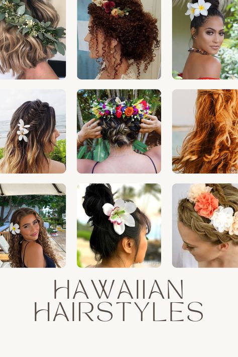 Tropical Tresses: Unleash Your Inner Island Beauty with Hawaiian Hairstyles Hawaiin Hair Styles With Flowers, Tropical Party Hairstyles, Hawaii Hairstyles Flowers, Hairstyles With Hawaiian Flower, Hawaiian Party Hairstyles, Hawaiian Hair Styles For Women, Luau Party Hairstyles, Hawian Theme Hairstyles, Hawaiian Day Hairstyles