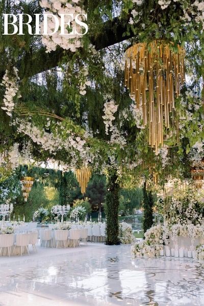 Glamorous Wedding Reception Ceiling Decorations Wedding, Hanging Floral Wedding, All White Wedding Decor, Garden Wedding California, Chandelier Wedding Decor, Floral Ceiling, Modern Wedding Reception, Indoor Wedding Receptions, Dance Floor Wedding