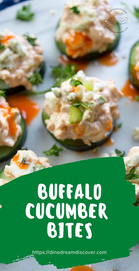 Make these easy Buffalo Chicken Cucumber Bites appetizer recipe where creamy buffalo chicken meets crunchy juicy cucumber with a dash of hot sauce to top it off.  #DineDreamDiscover #EasyEverydayRecipes #BuffaloChicken #chicken Chicken Salad Cucumber Bites, Cucumbers Recipes, Cucumber Bites Appetizers, Creamy Buffalo Chicken, Chicken Cucumber, Cucumber Appetizers, Keto Lunches, Easy Buffalo Chicken, Chicken Dip Recipe