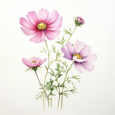 Premium Photo | A painting of Cosmos flower watercolor Watercolour Cosmos Flower, Cosmos Watercolor Paintings, Cosmo Watercolor, Cosmos Flowers Painting, Watercolor Cosmos, Cosmo Flowers, Cosmo Flower, Mother Tattoo, Clothes Painting