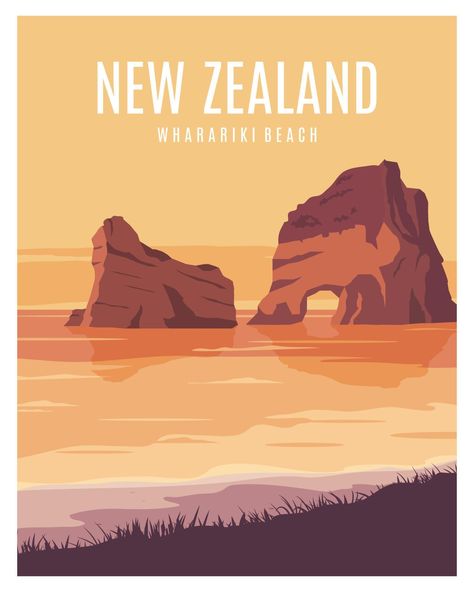 New Zealand Beach, North Island New Zealand, Beach Drawing, Illustration Landscape, New Zealand Landscape, Nz Art, Tourism Poster, New Zealand Art, Postcard Art