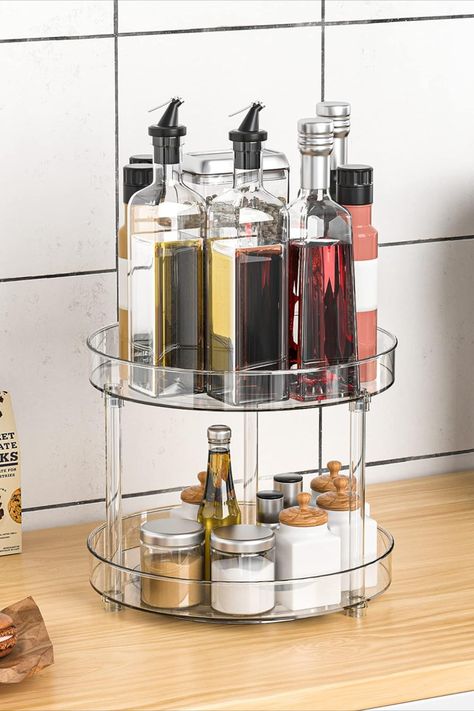 The 2 Tier rotating organizer has a large storage capacity and does not affect the rotation. Perfect organizer for your dining table, kitchen countertops, cabinets, bathroom, fridge, pantry and also for your outdoor table. Spice rack organizer for cabinet can be rotated 360 degree. Instead of looking around for what you need, you can simply turn the dial to get it. Easy and quick to assemble. Turntable Cabinet, Lazy Susan Spice Rack, 2 Tier Lazy Susan, Rotating Shelf, Lazy Susan Turntable, Pantry Cupboard, Kitchen Stand, Unique Storage, Cabinet Organizer