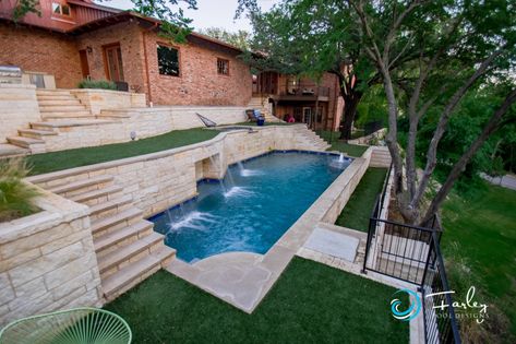 Steep Backyard, Hillside Pool, Outdoor Patio Ideas Backyards, Sloped Yard, Sloped Backyard, Hillside Landscaping, Outdoor Remodel, Sloped Garden, Small Pools