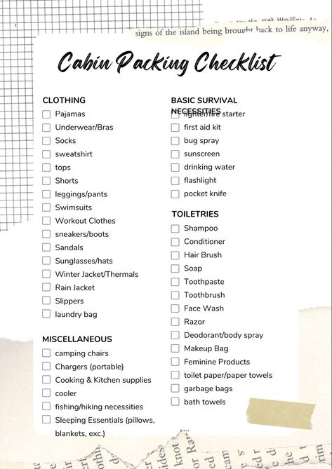 Cabin packing list Cabin List Packing Checklist, Winter Cabin Trip Packing List, What To Pack For A Cabin Weekend, Big Bear Packing List, Winter Camp Packing List, Cabin Weekend Trip, Cabin Vacation Packing List, Tennessee Packing List, Cabin Getaway Packing List