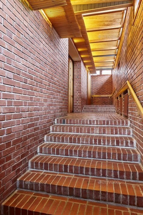 Brick Stairs Interior, Red Brick Steps, Brick Staircase, Brick Stairs, Brick Interior Design, Faux Brick Wall Panels, Bricks Wall, Clinker Brick, Black Brick Wall