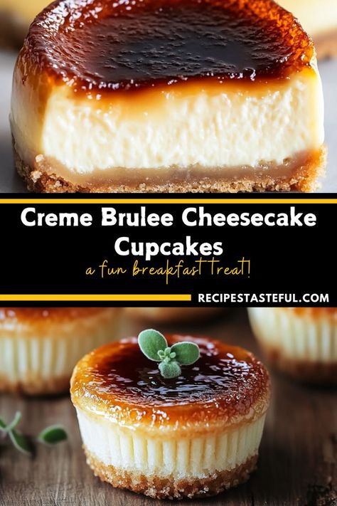 These indulgent Creme Brulee Cheesecake Cupcakes combine the rich, creamy texture of cheesecake with a crispy caramelized sugar topping, delivering the delightful flavors of classic crème brûlée in a convenient cupcake form. Perfect for parties or special occasions! Vanilla Bean Creme Brulee Cupcakes, Large Creme Brulee Recipe, Cream Brulee Cupcakes, Cheesecake Creme Brulee, Cream Brulee Cheesecake, Creme Brulee Cupcakes, Creme Brulee Tart, Brulee Cheesecake, Creme Brulee Cake