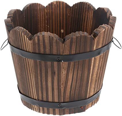 Yardwe Wooden Whiskey Barrel Planter Round Wooden Garden Flower Pot Decor Plant Container Wave Mouth Shaped Middle 15 x 12 x 12cm (Brown) Flower Pot Decor, Large Planter Boxes, Whiskey Barrel Planter, Wooden Bucket, Pot Decor, Rustic Pots, Vase Pot, Barrel Planter, Large Flower Pots