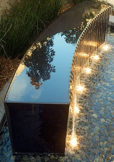 Wall Fountain Design, Modern Wall Fountain, Waterscape Design, Water Feature Lighting, Contemporary Water Feature, Water Fountain Design, Water Feature Wall, Outdoor Water Features, Pool Water Features