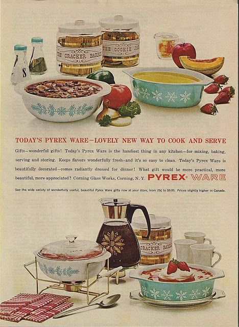 Retro Vintage Pyrex Ad You can find many of the Pyrex pieces pictured in this ad still today at One Of A Kind Antique Mall! We are Canada's largest antiques & collectibles market and are located at 97 Wilson Street in Woodstock, Ontario. Open 10 a.m. to 5 p.m. daily except for statutory holidays. Come see us soon! Visit our website at http://www.oneofakindantiquemall.com/ Pyrex Dishes, 1950s Decor, Furniture Joinery, Corning Glass, Pyrex Collection, Vintage Housewife, Vintage Cookware, Vintage Dishware, Vintage Kitchens