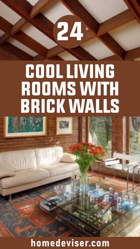 24 Cool Living Rooms With Brick Walls Solid Brick Wall Fireplace, White Wash Brick Wall Living Rooms, Living Room With Brick Wall Fireplace, Brick Wall Living Room Ideas Modern, Interior Brick Wall Makeover, Red Brick House Interior Living Rooms, Brick Wall In Basement, How To Decorate A Brick Wall Interiors, Sunroom With Brick Wall