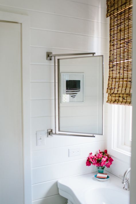 Bathroom Door To Outside, Window Bathroom Mirror, Hinged Bathroom Mirror, Bathroom Sink Under Window Ideas, Pull Out Mirror Bathroom, Bathroom Vanity Below Window, Sink In Front Of Window Bathroom, Built In Mirror Bathroom, Window Over Bathroom Vanity