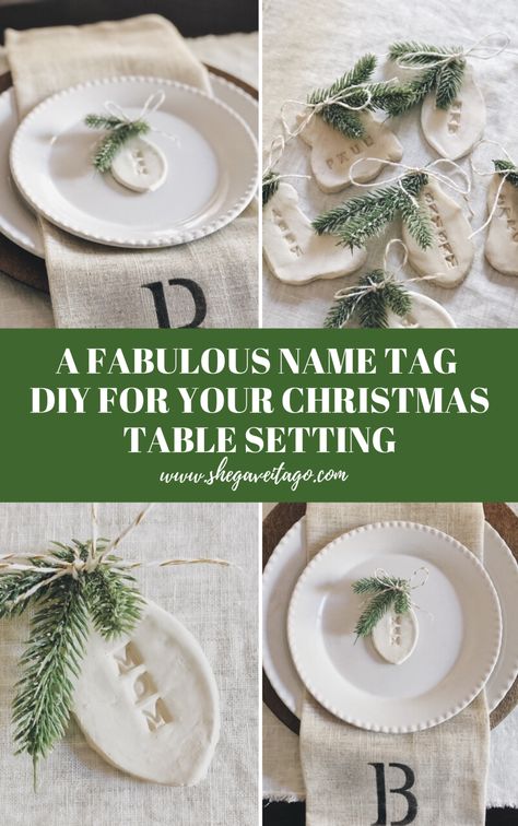 A Fabulous Name Tag DIY For Your Christmas Table Setting - She Gave It A Go Diy Christmas Name Tags, Name Tag Table, Diy Name Tags, Table Plates, Wedding Name Tags, Diy Place Cards, Printable Tags Template, Christmas Place Settings, Commemorative Plaque