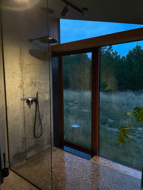 Glass Shower Aesthetic, Big Shower Aesthetic, Shower Aesthetic Dark, Shower With View, Dark Shower Aesthetic, Rainshower Bathroom, Aesthetic Showers, Shower With Window, Rain Mood