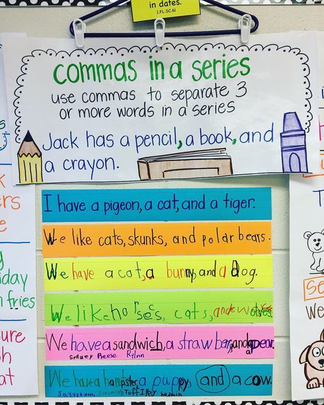 Commas In a Series Anchor Chart Comma In A Series Anchor Chart, Comma Anchor Chart 1st Grade, Commas In A Series Anchor Chart, Commas In A Series Activities, Comma Anchor Chart, Commas Anchor Chart, Comma Activities, Prefix Anchor Chart, 1st Grade Grammar