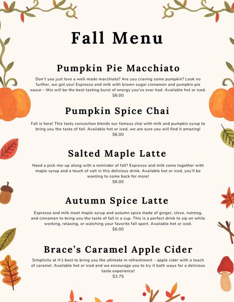 Fall Flavored Coffee Drinks, Fall Barista Drinks, Coffee Shop Fall Drinks, Fall Coffee Menu Ideas, Fall Inspired Coffee Drinks, Fall Bakery Menu Ideas, September Coffee Drinks, Fall Cafe Drinks, Coffee Bar Menu Ideas