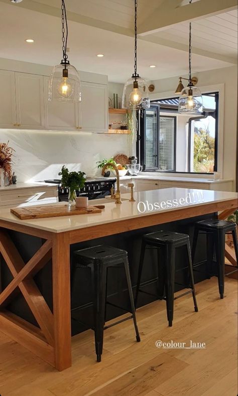 Island With Wooden Counter Top, Brick Kitchen Island, Kitchen Island Base, Wooden Trim, Island Table, Wood Island, Brick Kitchen, Wood Kitchen Island, Wooden Counter