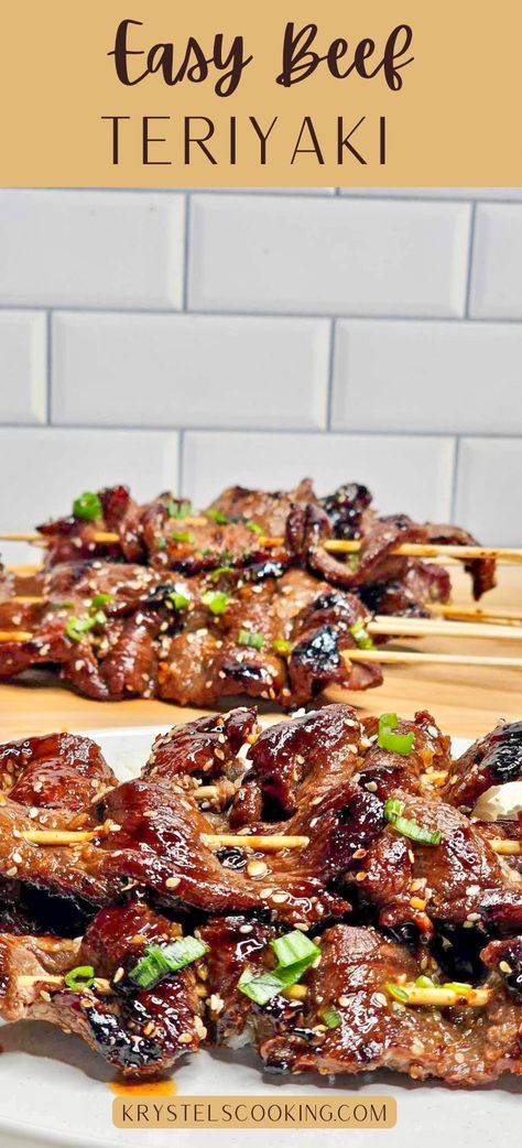 Bring the taste of a gourmet steakhouse to your backyard with my Easy Sweet Teriyaki Beef Skewers! Perfect for stovetop or grilling, these savory bites are marinated to perfection for that irresistible charred flavor. Serve them up at your next BBQ and watch them disappear in a flash! Teriyaki Sesame Beef Skewers, Teriyaki Kabobs On The Grill, Teriyaki Beef Dippers, Korean Beef Skewers, Beef Skewers In Air Fryer, Air Fryer Beef Skewers, Chinese Beef Teriyaki Skewers, Beef On A Stick Skewers, Steak Skewer Recipes