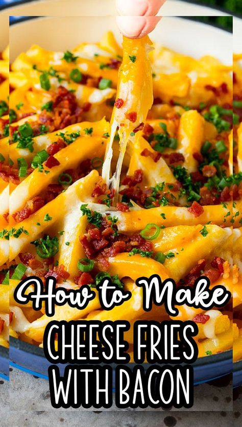 These cheese fries are crispy french fries topped two types of melted cheese, smoky bacon and fresh herbs. Bacon Cheese Fries Recipe, Best Cheese Fries, Loaded Curly Fries, Bacon And Cheese Fries, Homemade Cheese Fries, Cheese French Fries, Loaded French Fries, Texas Cheese Fries, French Fries With Cheese