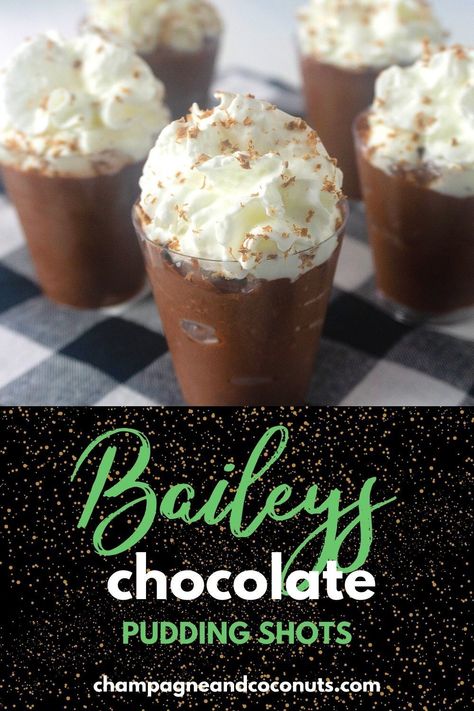 Chocolate Pudding Shots Alcoholic, Pudding Shots With Baileys, Baileys Jello Shots, Strawberries And Cream Baileys, Shots With Baileys, Boozy Chocolate Pudding, Baileys Pudding Shots, Strawberry Baileys, Boozy Candy