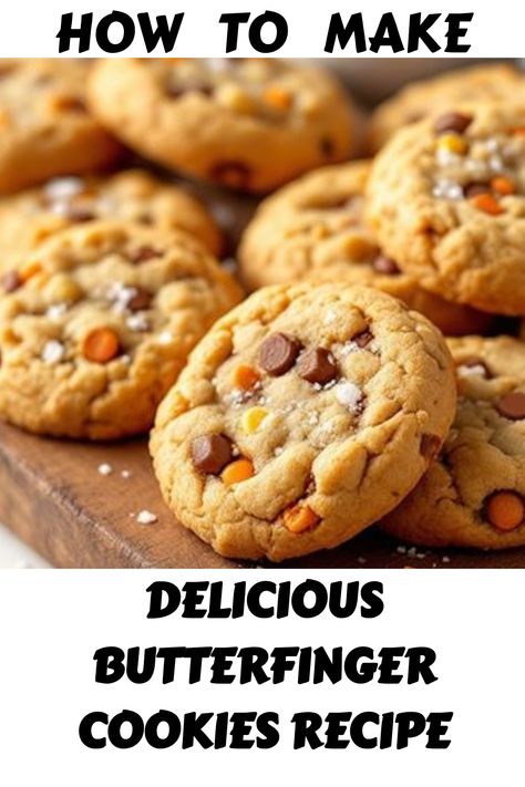 Butterfinger cookies with chocolate chips on a wooden board. Butterfinger Cookies, Classic Chocolate Chip Cookies, Soft Cookie Recipe, Finger Cookies, Flavor Combinations, Dough Recipes, Baked Cookies, Cookie Dough Recipes, Chef Inspiration