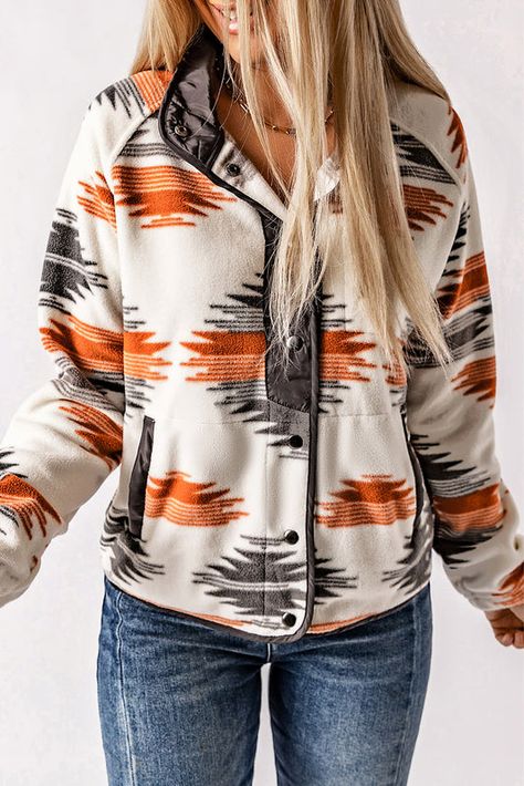 The Lone Roan - Online Western Boutique Celana Kargo, Western Aztec, Stand Collar Jackets, Fleece Jacket Womens, Grey Prints, Fleece Coat, Printed Cardigan, Womens Fleece, Country Outfits