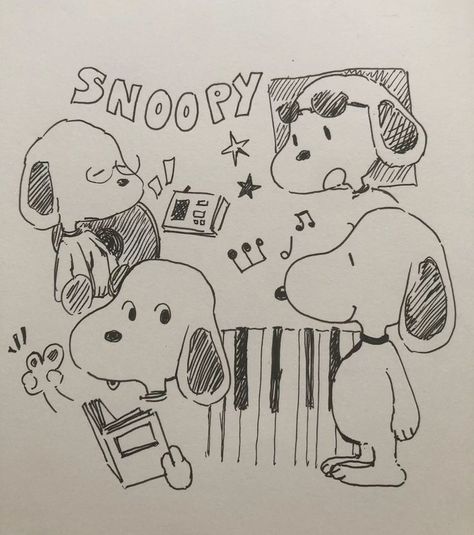 Snoopy Easy Drawing, Cute Snoopy Drawing, Snoopy And Woodstock Drawing, Doodles On Homework, Snoopy Studying, Drawing Ideas Cartoon Characters, Snoopy Sketch, Nostalgic Drawings, Peanuts Drawing