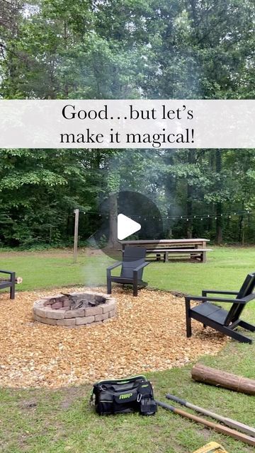 Lia Watson~Southern Yankee DIY on Instagram: "Is there anything more magical than backyard string lights? 

This was one of my favorite outdoor projects from last year 😍

Adam definitely gave me the “are you sure” look when I said I wanted to use tree trunks as posts but he ended up understanding why at the end. 

They add a little whimsy to this hangout spot don’t you think? 

✨FOLLOW @southernyankeediy for more budget friendly outdoor projects✨ 

& you can find my absolute favorite solar powered string lights in the link in my bio under “My Favorite Things”" Tree Trunk Fire Pit, Country Backyard Ideas Farmhouse Style, Tree Trunk Ideas Outdoor, Hone Decor, Country Backyards, Backyard String Lights, Backyard Plans, Backyard Hangout, Hangout Spot