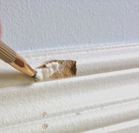 How To Fix Chipped Baseboards, How To Fix Baseboard Chips, Baseboard Repair, Brass Baseboard, Painting Walls Tips, White Baseboards, Wood Baseboard, Molding Ideas, Trim Carpentry