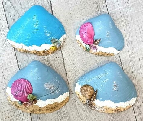 Painted Beach Scene Clam Shells Seashells - Summer Vacation Memories Crafts With Clam Shells, Clam Shell Crafts, Beach Scene Painting, Movie Crafts, Oyster Shell Crafts, Clam Shells, Seashell Painting, Christmas Craft Projects, Acrylic Craft Paint