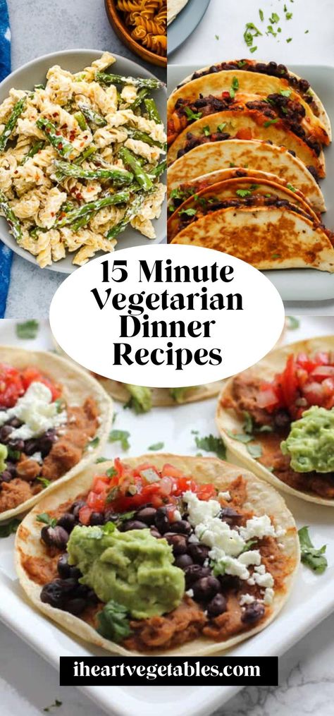 No time to cook? Try one of these 15 minute vegetarian dinner recipes! These ideas are perfect when you’re short on time but you want to enjoy a delicious, healthy meal! Healthy Lunches And Dinners, Simple Meals For Dinner Vegetarian, Easy Weeknight Dinner Vegetarian, Quick Dinner Ideas Healthy Vegetarian Recipes, Vegetarian Recipes Make Ahead, Vegetarian Crowd Meals, Light Vegetarian Dinner Recipes, Stove Top Vegetarian Recipes, Easy Weeknight Dinners Healthy Vegetarian