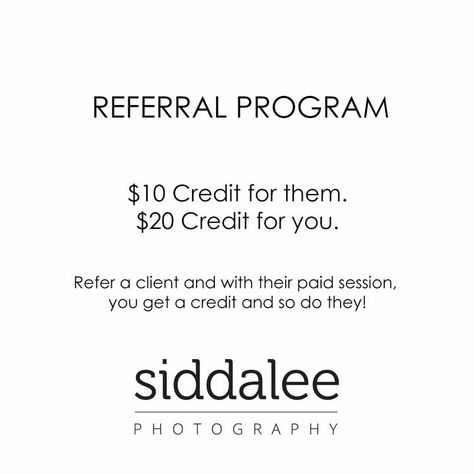 Referral Program Details Siddalee Photography www.siddaleephotography.com https://www.facebook.com/SiddaleePhotography/ Photography Business Plan, Spray Tan Business, Manual Photography, Spa Menu, Eyelash Extentions, Salon Suites, Photography Basics, Program Ideas, Referral Program