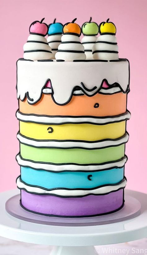 rainbow cake, rainbow layer cake, rainbow cake birthday, rainbow cake design, rainbow cake decorations Rainbow Cake Ideas, Cake Dekoration, Doodle Cake, Neon Cakes, Cartoon Birthday Cake, Rainbow Layer Cakes, Sonic Cake, Cake Rainbow, 14th Birthday Cakes