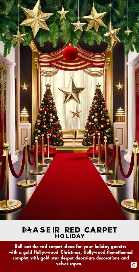 Roll out the red carpet for your holiday guests with a glamorous Hollywood-themed Christmas, complete with gold star decorations and velvet ropes. #RedCarpetHoliday #HollywoodChristmas #GlamXmas Red Carpet Christmas Party, Light Up Presents, White Tinsel, Red Carpet Party, Themed Christmas, Logo Gallery, Indoor Christmas, Star Decorations, Holiday Red