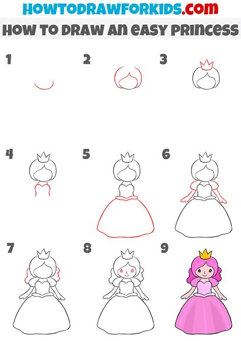 how to draw an easy princess step by step Draw So Cute Princess, Princess Drawings Easy, Disney Princess Drawings Easy, How To Draw Princess, Easy Princess Painting, Cute Princess Drawings Easy, Princess Doodles Easy, Disney Princess Drawing Tutorial, How To Draw A Princess