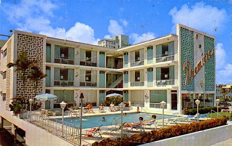 Exterior Reference, Mid Century Hotel, Oasis Springs, Ft Lauderdale Florida, Retro Motel, Googie Architecture, Apartment Exterior, Hotel Exterior, Sims Builds