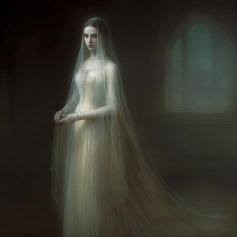 Lady In White, Ghost Woman Aesthetic, Ghost Woman, Ghostly Woman, Scary White Lady, Ghost Lady Art, Goddess Of Ghosts, Female Ghost Art, Lady In White Ghost