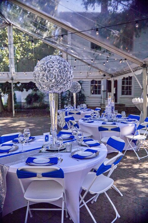 Royal Blue And Silver Table Settings, Royal Blue Centerpieces Wedding, Blue And Silver Quinceanera Ideas, Royal Blue And Silver Party Decorations, Royal Blue Table Setting, Blue And Silver Quinceanera, Tent Wedding Decor, Royal Blue Centerpieces, Champagne Wedding Themes