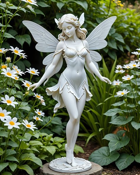 Garden 🧚 Fairy Sculptures & Statues, Fairy Holding Flower, Fairy Poses, Angel Sculpture Art, Inktober Ideas, Recycled Artwork, Fairy Sculpture, Fairy Sitting, Fairy Statues