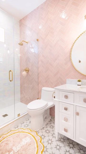 Kelly Stone on Instagram: "The before… and then the stunning 🤩 Bathroom before and after gold! It’s the pink for me 💕 One of the most fun projects to date! #bathroomdesign #bathroom #bathroomremodel #bathroomdecor #bathroomrenovation #bathroomrenovations #bathroomrenovationideas #bathroombeforeandafter #bathroominspiration #bathroominspo #bathroomtile #bathroomtilesideas #tilestyle #tile #tiledesign #tilework #tilepattern #renovation #renovationbeforeandafter #renovationlife #renovationideas Bathroom Ideas Pink And Gold, Grandmillenial Bathroom Ideas, Blush And Gold Bathroom, Teen Girl Bathrooms, Pink And Rose Gold Bathroom, Pink White Gold Bathroom, Girls Bathroom Tile, Bathroom Teenage Girl, Pink Gold Bathroom