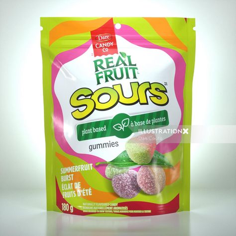 Dare Candy Co Real fruit gummies packaging illustration Gummies Packaging, Fruit Candy Packaging, Sour Candy Packaging Design, Gummy Candy Packaging Design, Real Fruit Gummies, Sour Gummy Candy, Candy Packaging, Candy Labels, Sour Candy