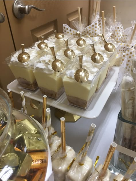 Prom Desert Table Ideas, White And Gold Party Favors, Gold And White Treats, White Gold Quinceanera Theme, White And Gold Candy Table, White And Gold Desserts, White And Gold Quinceanera Decorations, White Gold Party Theme, Gold And White Graduation Party Ideas