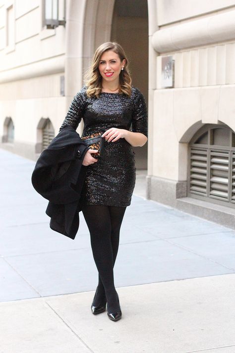 Sequin Dress Tights, Sequin Dress Black Tights, Black Sequin Dress Outfit, Winter Outfit Casual, Office Holiday Party Outfit, Sequin Dress Outfit, Sequin Holiday Dress, Black Sparkle Dress, Holiday Party Fashion