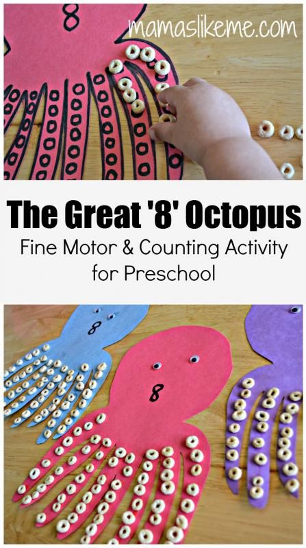 great 8 octopus - counting and fine-motor skills activity for preschool and toddlers Activity For Preschool, Fine Motor Skills Activities, Motor Skills Activities, Daycare Activities, Daycare Crafts, Favorite Animals, Skills Activities, Toddler Fun, Preschool Fun