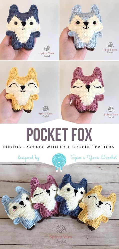 Pocket Fox Free Crochet Pattern - Free Crochet Patterns Crocheted Fox, Pola Amigurumi, Crochet Mittens, Haken Baby, Crochet Toys Patterns, Crochet For Kids, Crochet Gifts, Crochet Dolls, Stuffed Toys Patterns